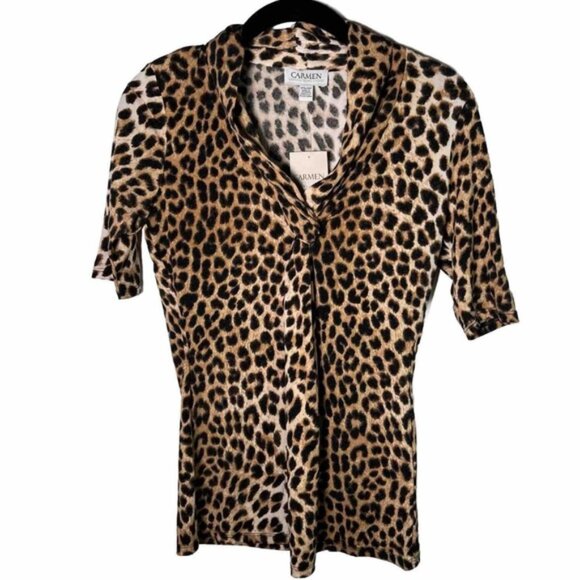 NWT CARMEN MARC VALVO Leopard Cheetah Print Tie V-neck Short Sleeve Blouse Sz XS - Picture 1 of 14